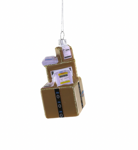 Online Shopper Ornament showcaseing stacked boxes and packages 