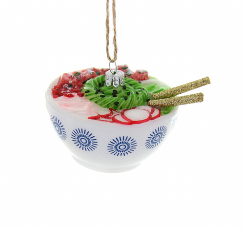 Poke Ornament Adorned atop a white and blue bowl with chop sticks