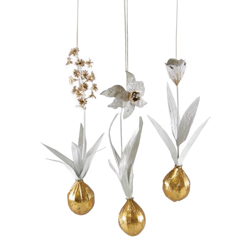 White & Gold Flower Bulb Ornaments