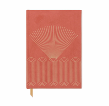 Load image into Gallery viewer, Radiant Cloth Cover Journal in terracotta with Gold Ray and Oval Design 
