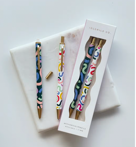 Rainbow Squiggles Mechanical Pencil Set displayed boxed and unboxed in two different color combos