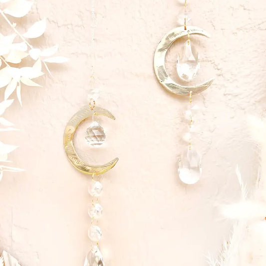2 engraved moon and crystal window hangers