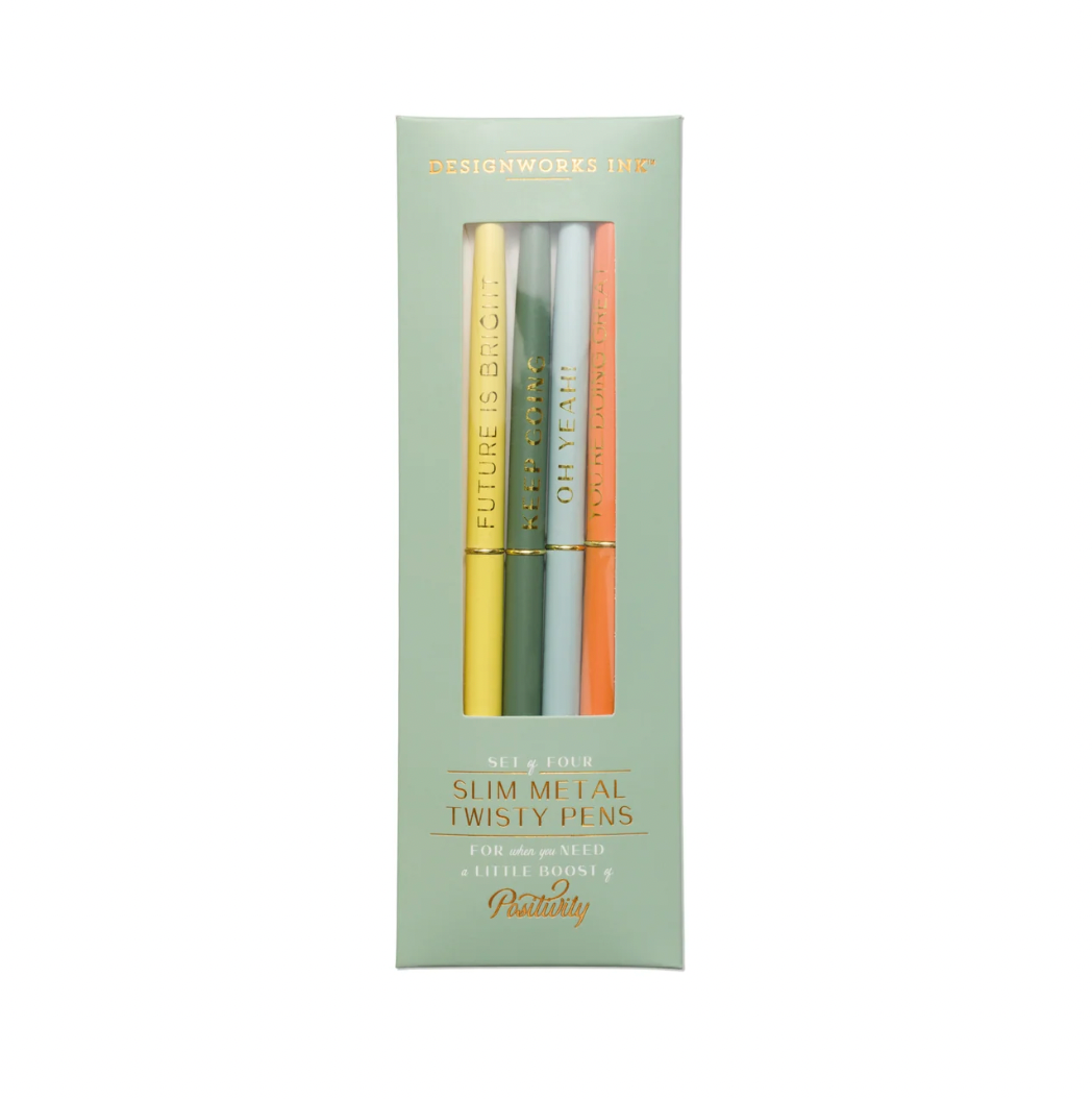 slim colorful pen set featuring words of positivity 