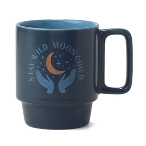 "Stay Wild Moon Child" Mug in dark blue with phrase and crescent moon above open hands 