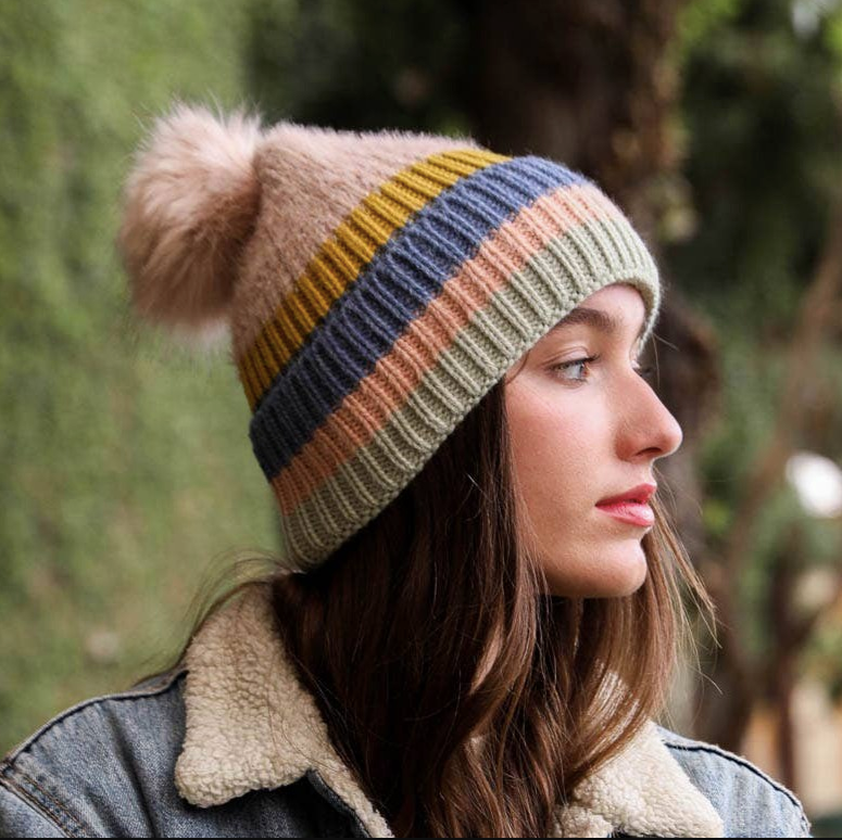 Pink Pastel Stripe Knit Pom Beanie