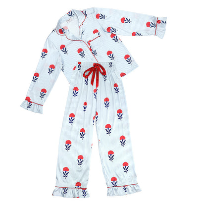 Blue Stripe & Red Floral Ruffle Satin PJ Set