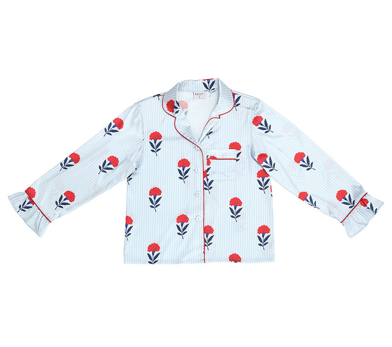 Blue Stripe & Red Floral Ruffle Satin PJ Set