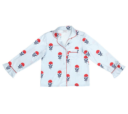 Blue Stripe & Red Floral Ruffle Satin PJ Set