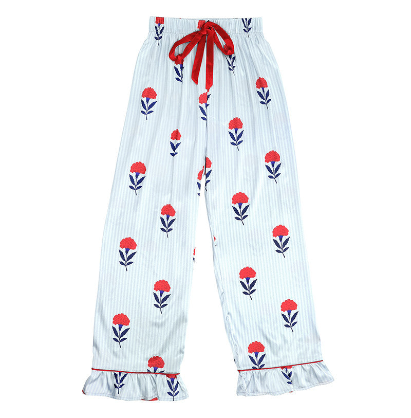 Blue Stripe & Red Floral Ruffle Satin PJ Set