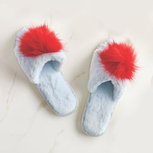 Blue Plush Slippers with Pom Pom