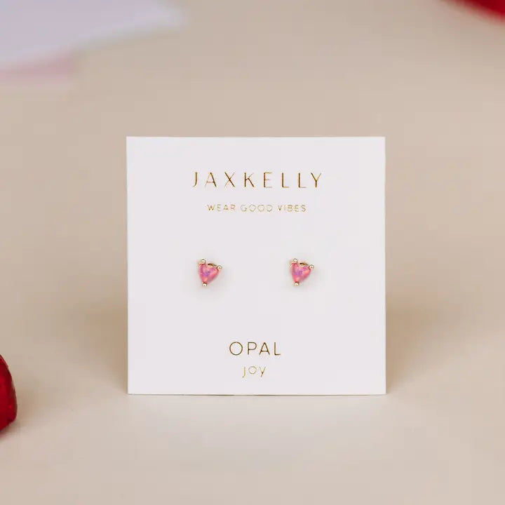 Tiny Pink Opal Heart Stud Earrings