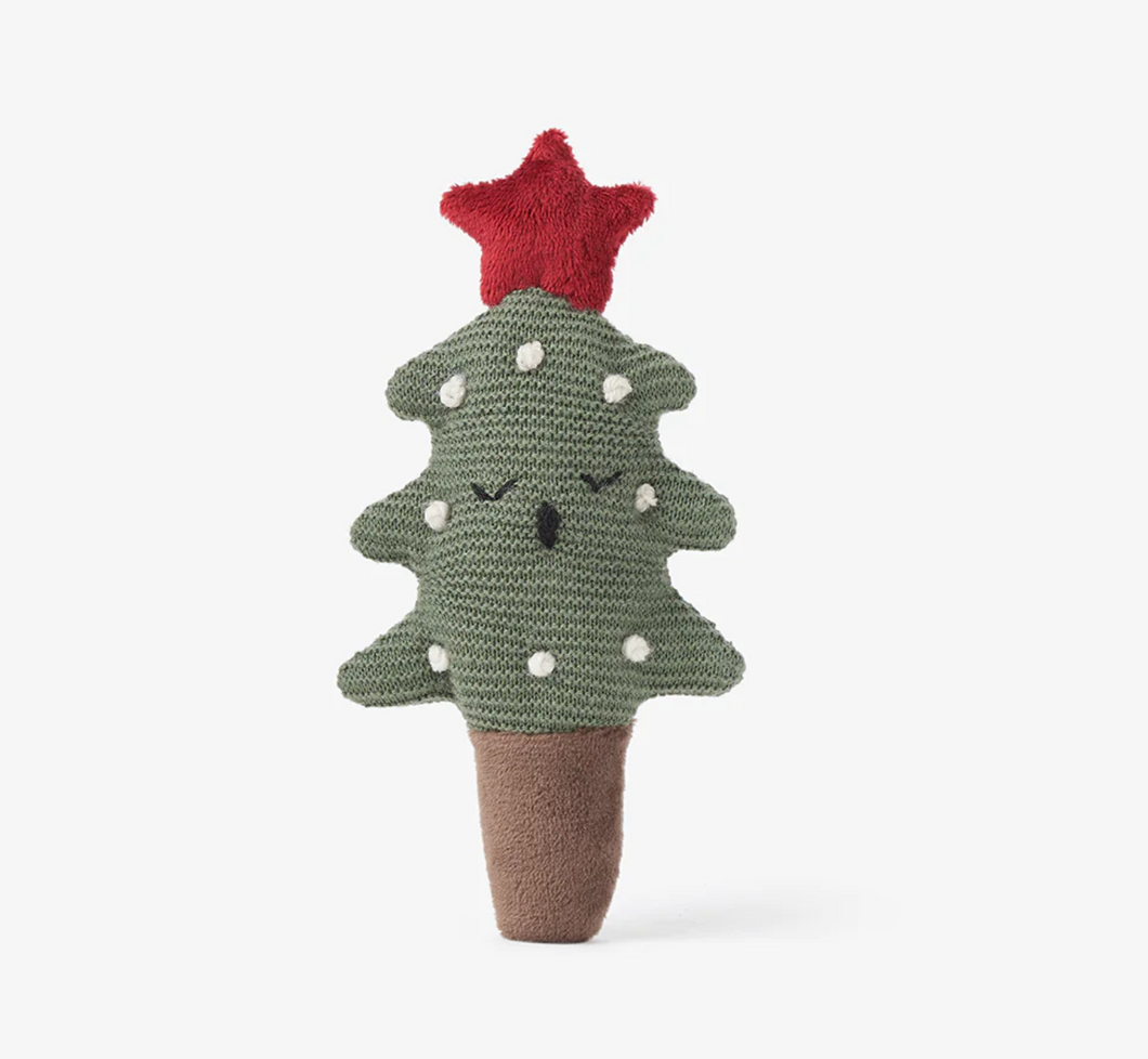 Tree Knit Rattle with a red star atop the tree