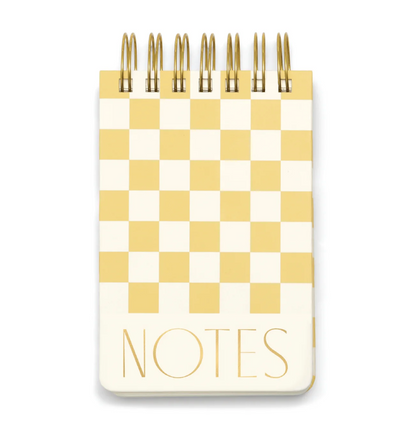Twin Wire Chunky Notepad in a yelow and cream checker pattern with "NOTES" written at the bottom in gold 