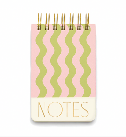 Twin Wire Chunky Notepad in a green and pink wavy stripe  pattern with "NOTES" written at the bottom in gold 
