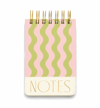 Load image into Gallery viewer, Twin Wire Chunky Notepad in a green and pink wavy stripe  pattern with &quot;NOTES&quot; written at the bottom in gold 
