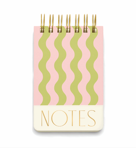 Twin Wire Chunky Notepad in a green and pink wavy stripe  pattern with "NOTES" written at the bottom in gold 