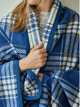 Load image into Gallery viewer, Vintage Blude Plaid Blanket wrapped around shoulders 
