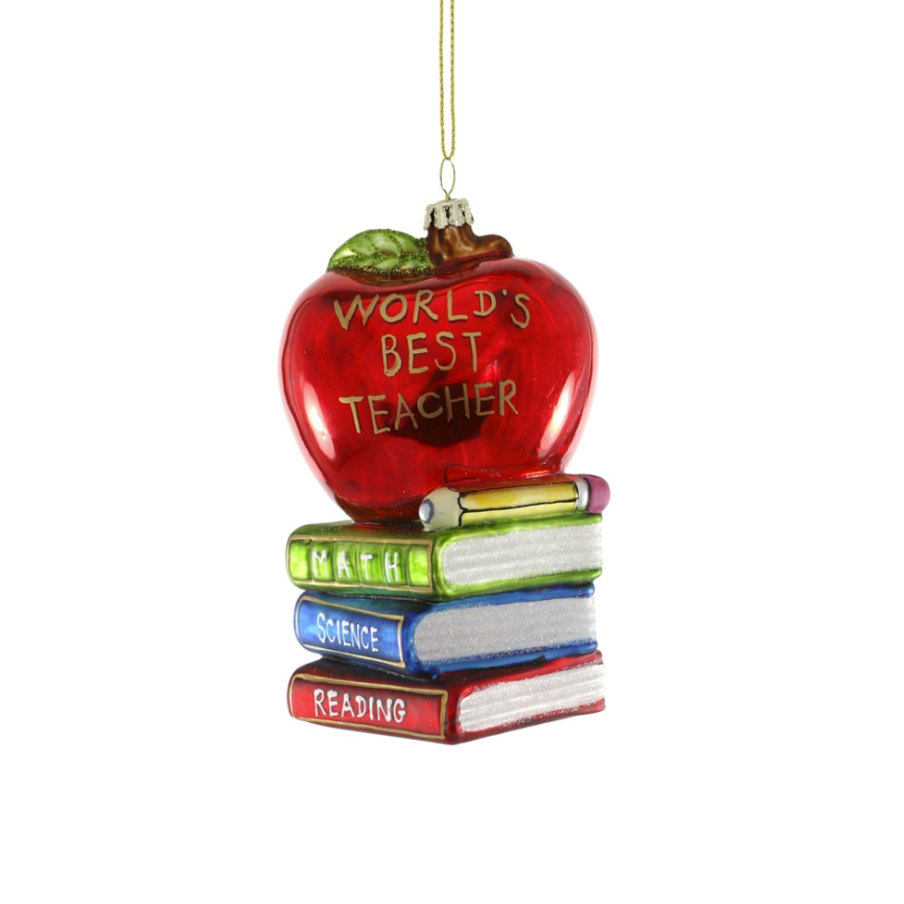 Word's Best Teacher written on apple on top of book stack ornament 