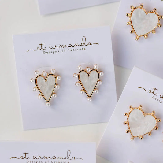 Pearl Studded Pink Tortoise Heart Earrings