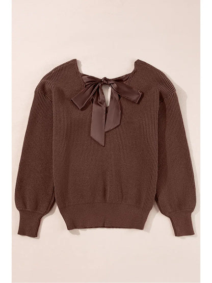 V Neck Lantern Sleeve Knot Back Sweater