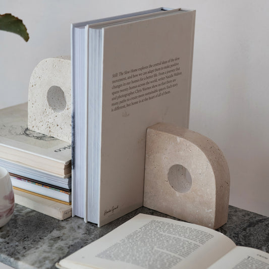 Neutral Travertine Bookends w/ Cut-Out