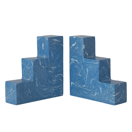 Blue Marbled Stone & Resin Stairstep Bookends