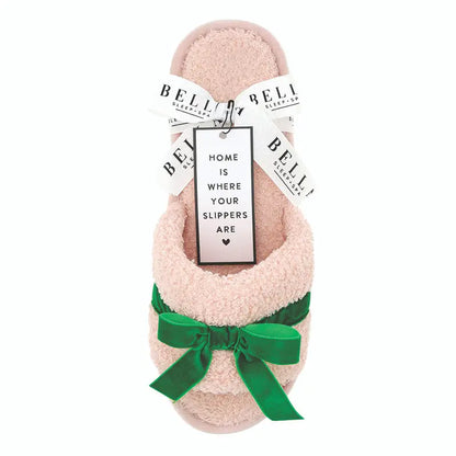 Teddy Slippers with Velvet Bow - Light Pink & Green