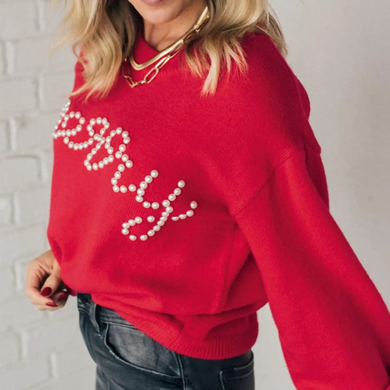 Red Pearl Beaded Merry Sweater
