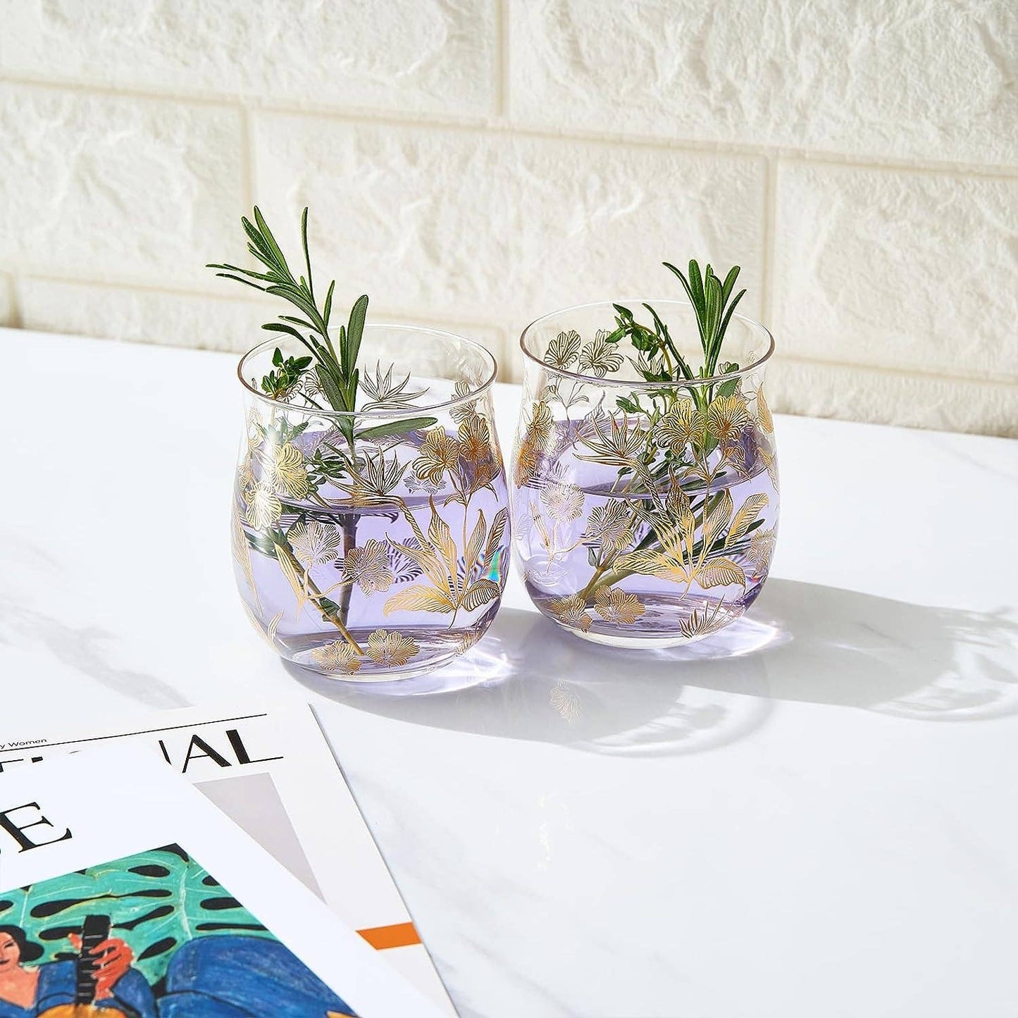 Vintage Gold Floral Decal Tumbler Glassware | Set of 2