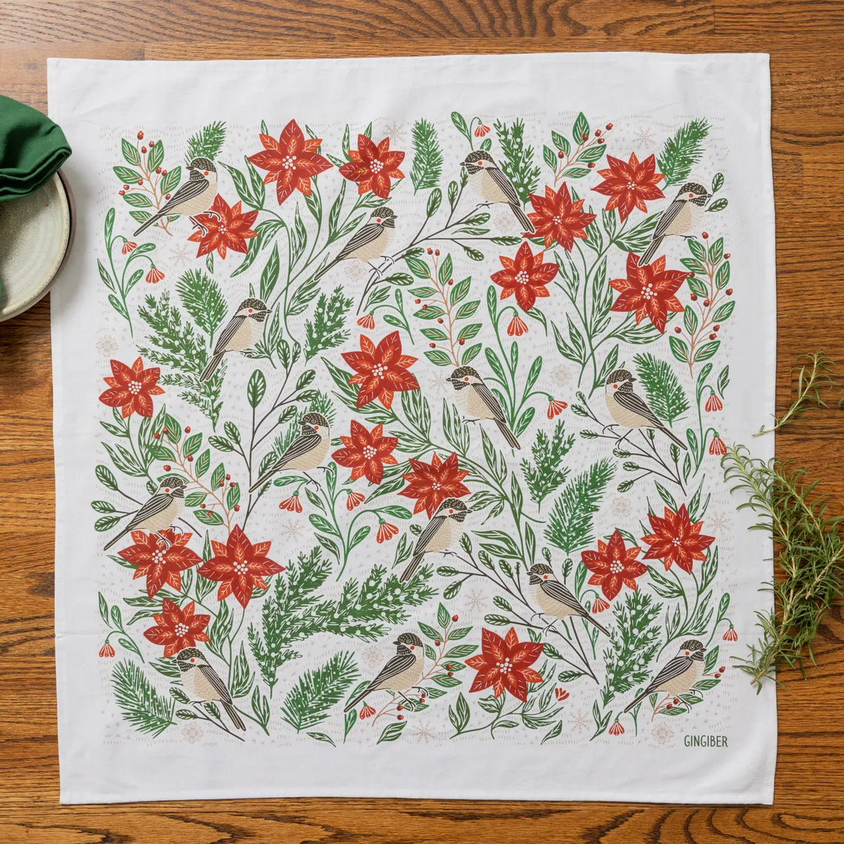 Poinsettias & Pines Tea Towel