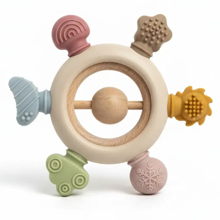 Rainbow Spokes Silicone Teether w/ Wooden Rattle