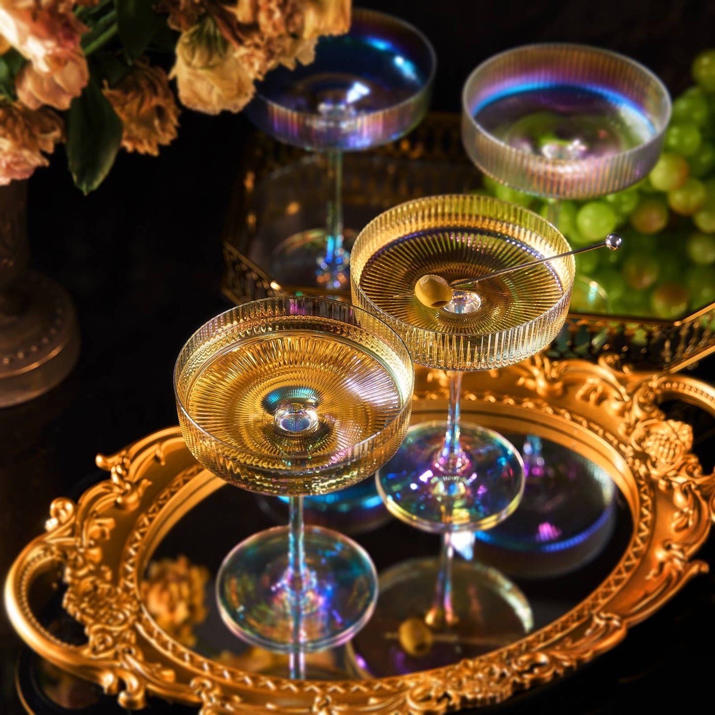 Ripple Ribbed Champagne Coupe Iridescent Colored | Set of 2