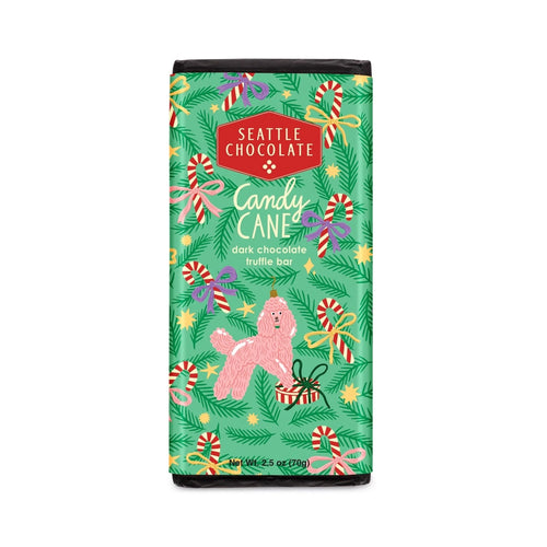 green chocolate bar with candy canes and pink poodle