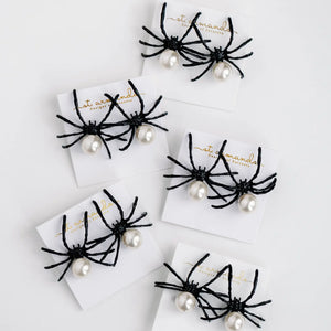 Black Spider and Pearl Halloween Earrings