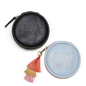 "Dr's Orders" "Chill Pills" pill case in blue and black with zipper closure tassel 