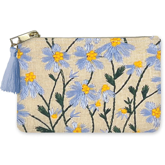Embroidered Flower Market Pouch - Periwinkle