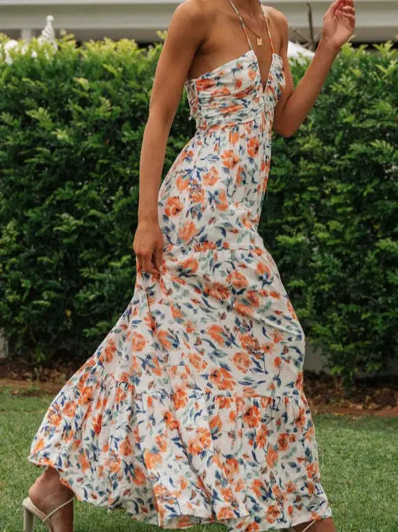 Halter Backless Floral Maxi Dress