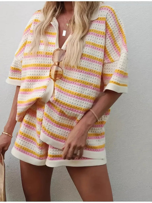 Striped Short Sleeve Shorts Set