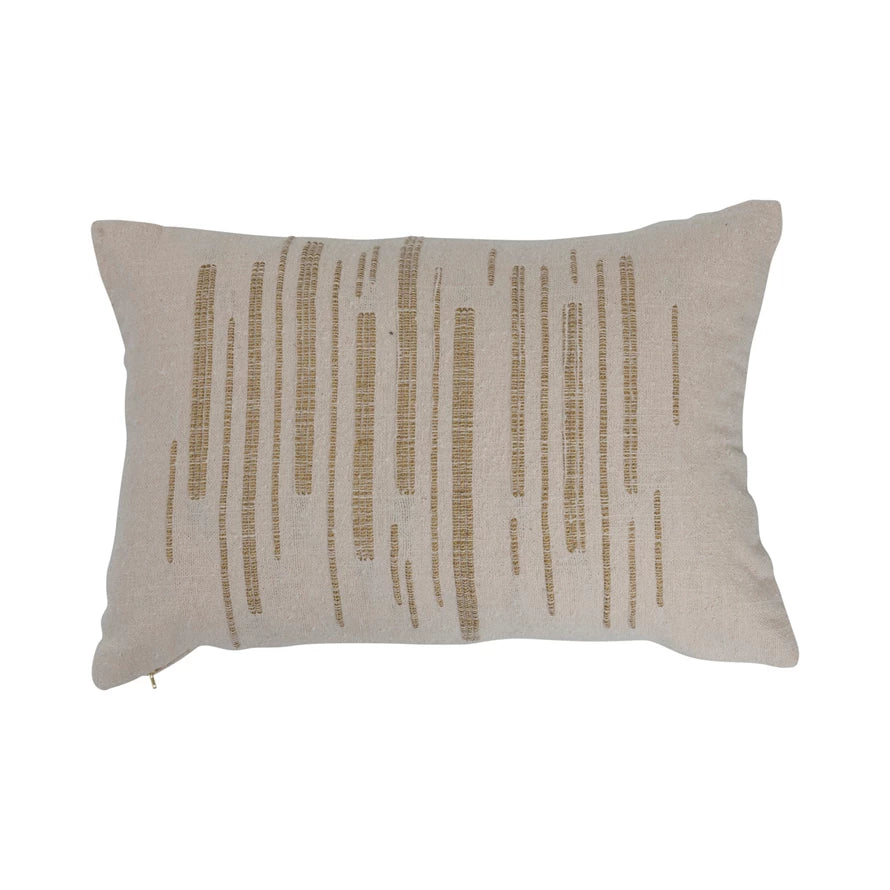 Woven Cotton Slub Lumbar Pillow w/ Gold Metallic Thread Embroidery