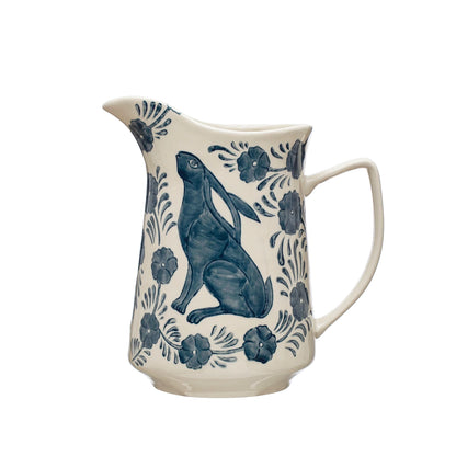 Rabbit & Floral Painted Stoneware Pitcher
