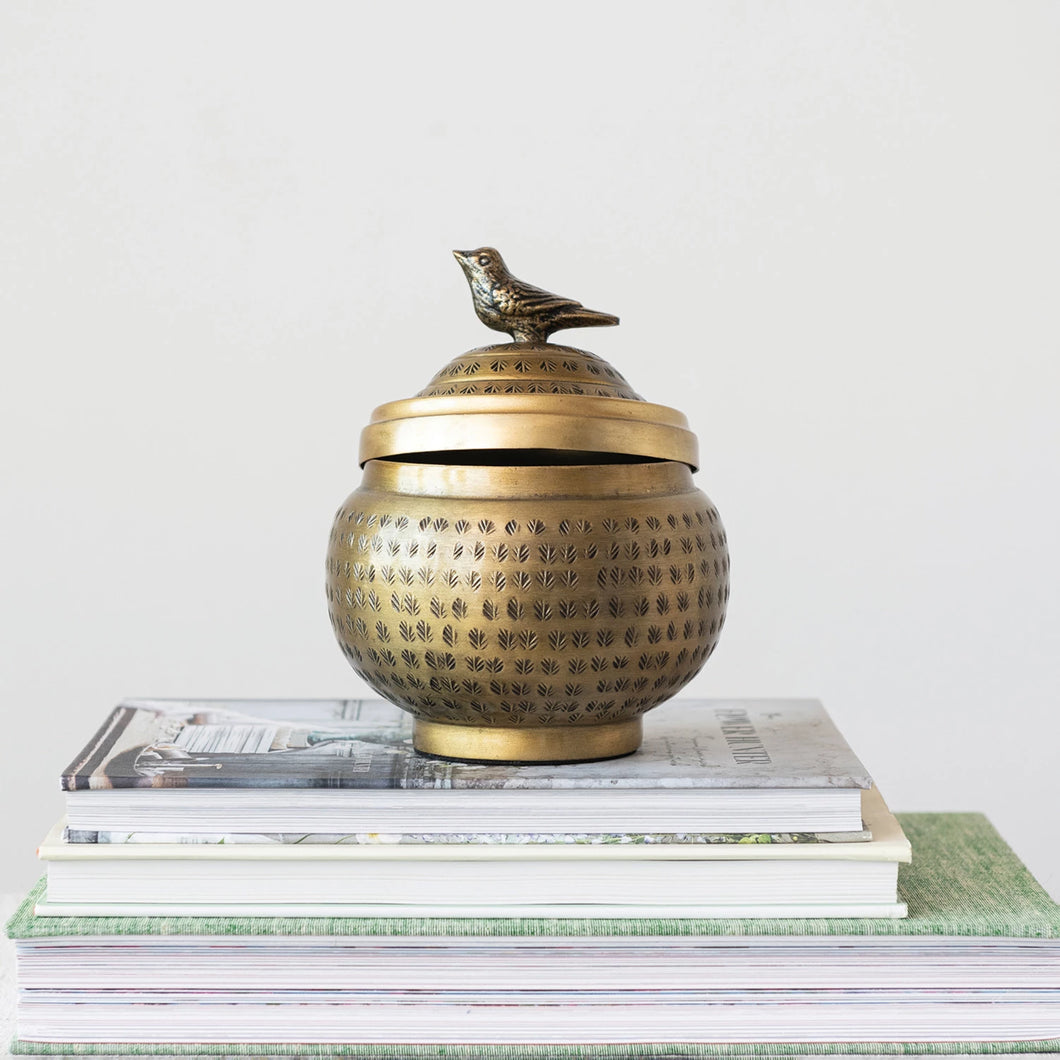 Hammered Brass Container with Bird Finial