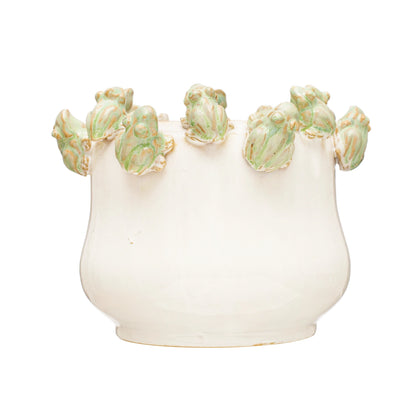 Stoneware Planter with Rim of Frogs
