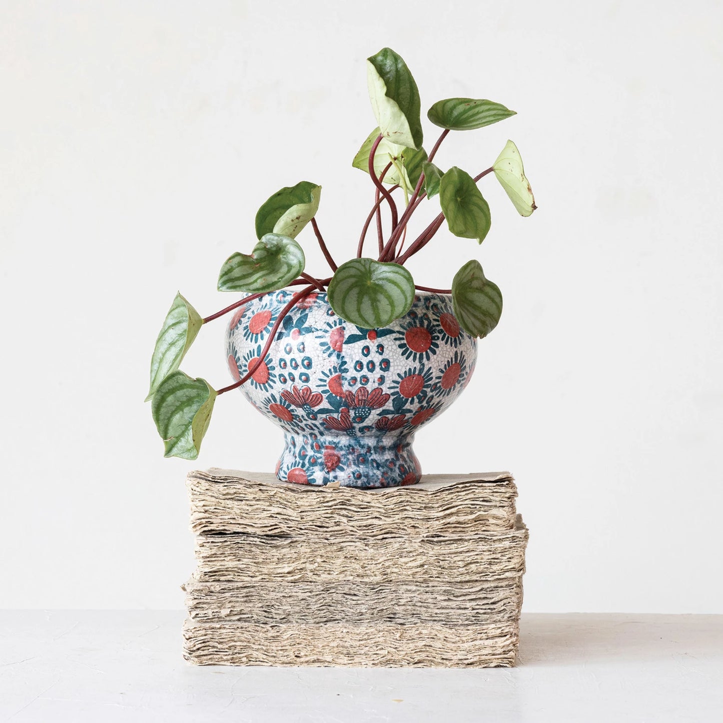 Bistro Floral Crackle Glazed Footed Planter