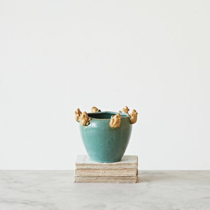 Stoneware Planter with Rim of Frogs
