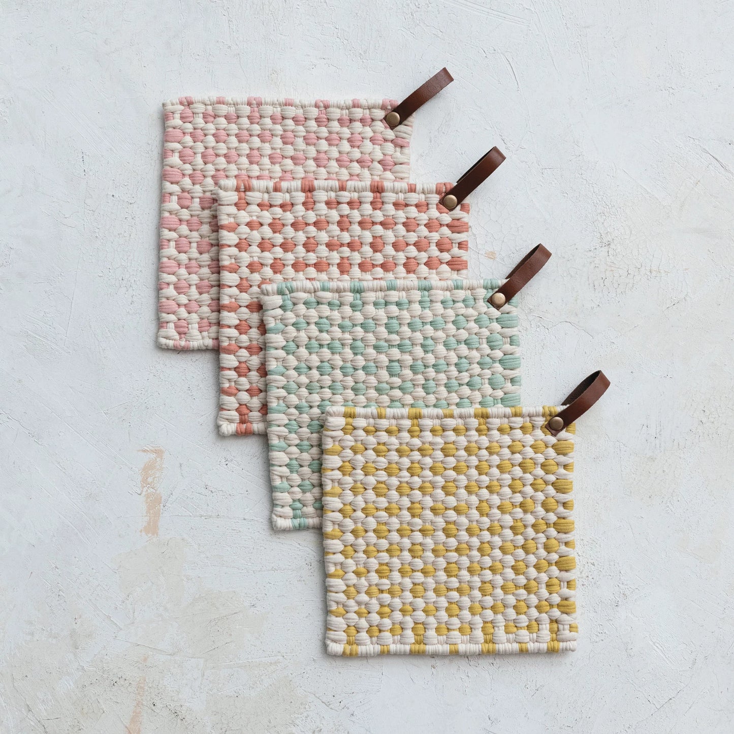 Checkered Crocheted Pot Holder with Leather Loop