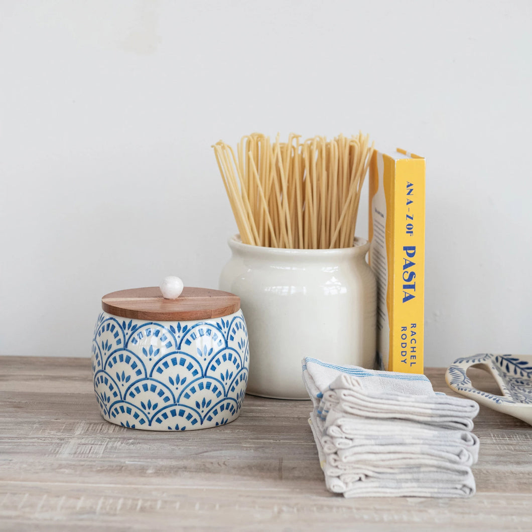 Hand-Painted Stoneware Canister with Acacia Wood Lid