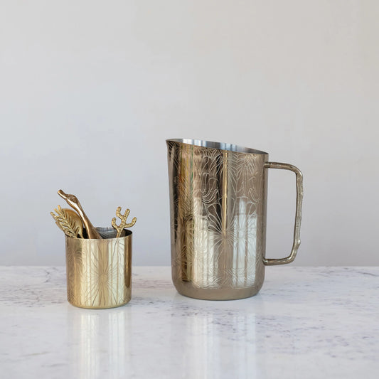 Etched Florals Brass Pitcher