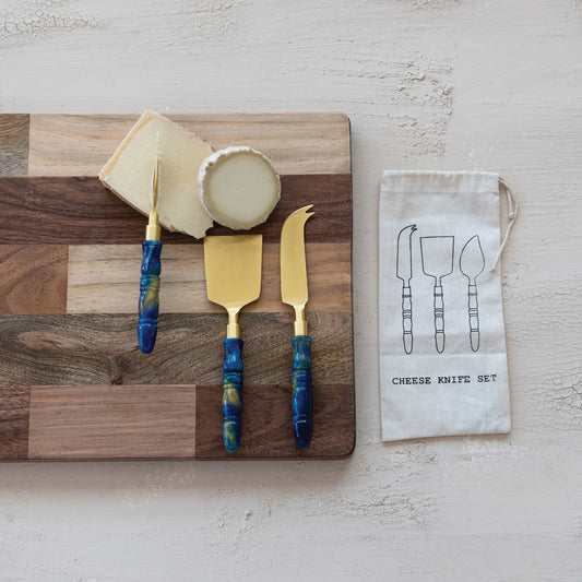 Blue Marbled Resin Handled Cheese Knives