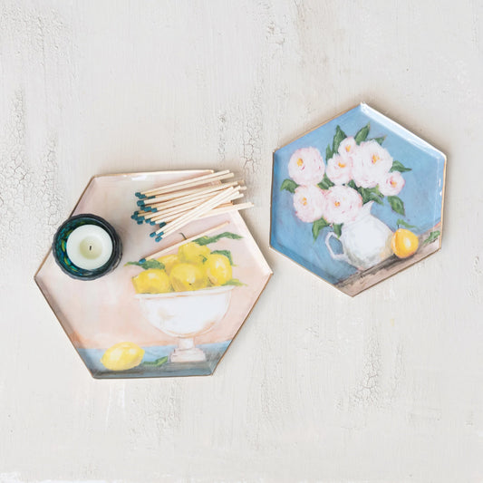 Hexagon Painted Enameled Metal Tray