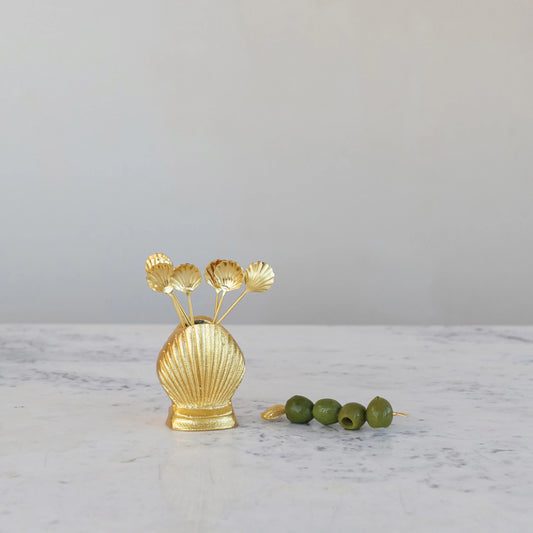 Gold Appetizer Picks in Shell Shaped Holder